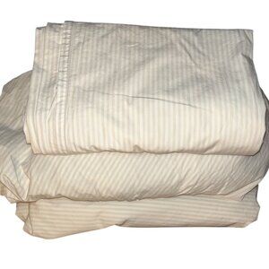 Serena & Lily tan white striped Queen duvet cover Full fitted flat sheet 3 piece